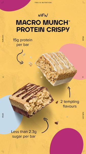 A clean, minimalist 9:16 vertical ad showcasing the texture of a protein bar alongside key nutritional callouts like protein count and sugar content.